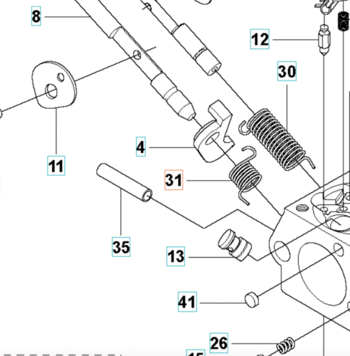 Sprężyna gaźnika wykaszarki 555FRM Husqvarna, metalowa, w formie spiralnej. Widoczna z góry, w otoczeniu elementów gaźnika. Sprężyna ma czarny kolor oraz standardowe wymiary, co wskazuje na zastosowanie w urządzeniach do pielęgnacji ogrodu.