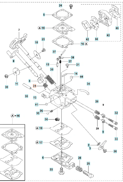 Sprężyna gaźnika do wykaszarki Husqvarna 555FRM, metalowa, okrągła, o długości 5 cm i średnicy 1 cm, z widocznymi spiralnymi zwojami, na białym tle, w pozycji leżącej.