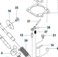 Przetyczka do wykaszarki 355RX Husqvarna w schemacie. Elementy metalowe o różnorodnych kształtach i wymiarach, w tym sprężyna i gwinty. Widoczne numery części. Prosty, czytelny układ na białym tle.