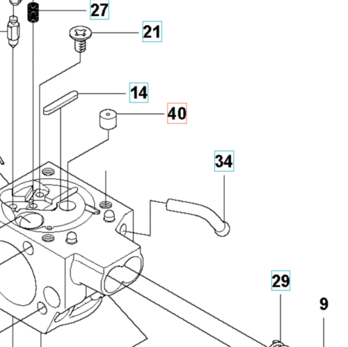 Dysza gaźnika wykaszarki Husqvarna 355RX, widok z góry, metalowa, prostokątna z otworami montażowymi i widocznymi detalami na jednolitym tle.
