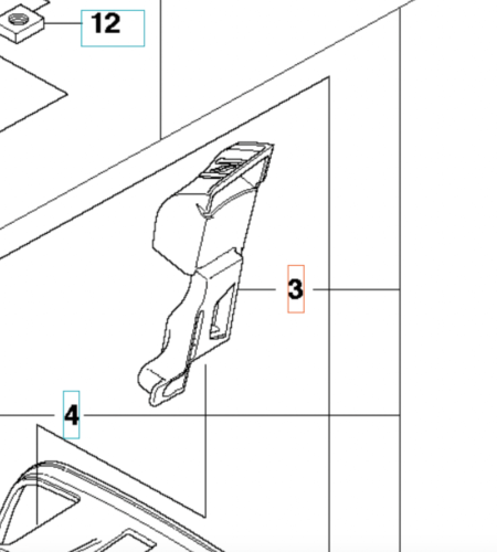 Dźwignia ssania do wykaszarki Husqvarna 355RX, w kolorze czarnym. Widok z boku, z detalami mocowania. Produkt o prostym kształcie, z widocznymi szczelinami i teksturą. Idealna do zastosowania w narzędziach ogrodowych, na białym tle.