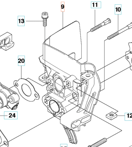 Przegroda izolacyjna wykaszarki Husqvarna 355RX, widoczna z boku w dużym zbliżeniu. Element wykonany z ciemnego plastiku, z wyraźnymi detalami montażowymi. Widoczne oznaczenia numerów komponentów na schemacie montażowym.