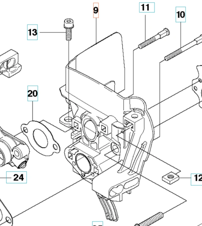 Przegroda izolacyjna wykaszarki Husqvarna 355RX, widoczna z boku w dużym zbliżeniu. Element wykonany z ciemnego plastiku, z wyraźnymi detalami montażowymi. Widoczne oznaczenia numerów komponentów na schemacie montażowym.