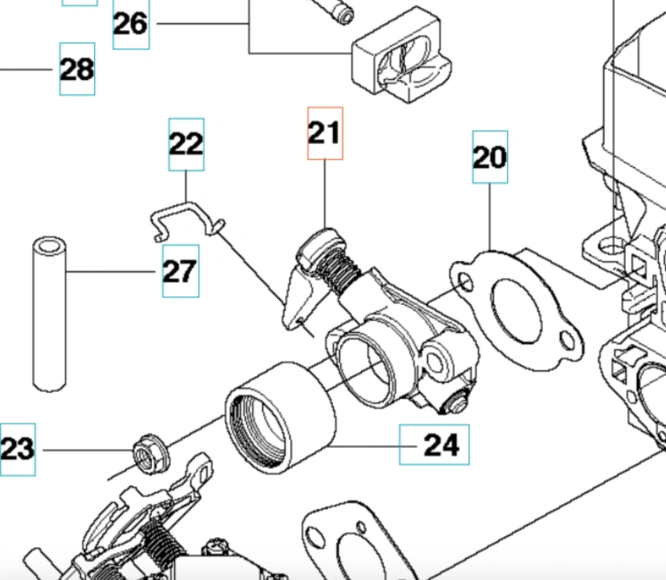 Szara obudowa zaworu gaźnika wykaszarki Husqvarna 355RX, widoczna z boku z zamontowanym sprężynowym mechanizmem. Cylindryczny, gwintowany kształt na białym tle podkreśla szczegóły konstrukcji.