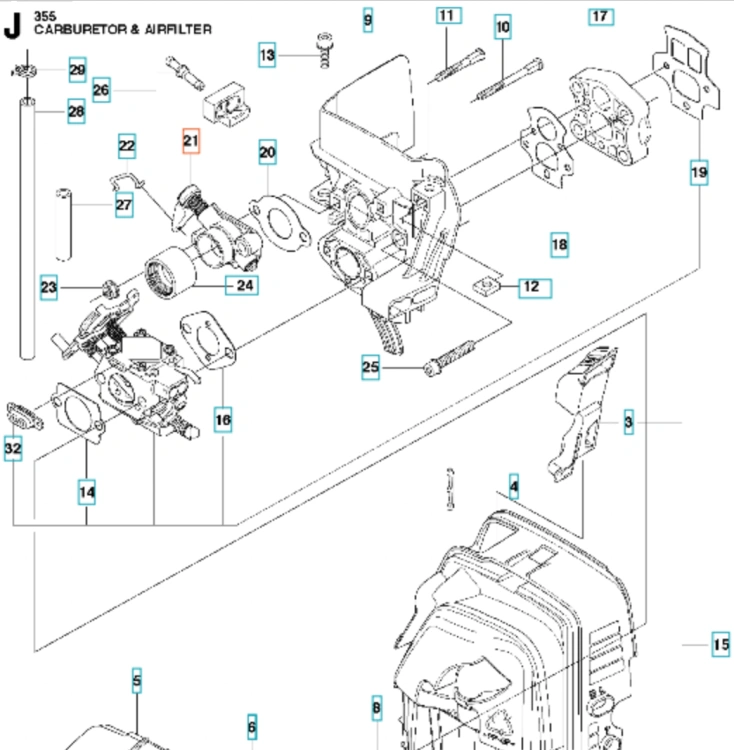 Obudowa zaworu gaźnika do wykaszarki Husqvarna 355RX w kolorze czarnym, z wyraźnymi detalami montażowymi. Widok z boku, ukazuje wszystkie niezbędne otwory i mocowania. Tło białe, co podkreśla szczegóły konstrukcji elementu.