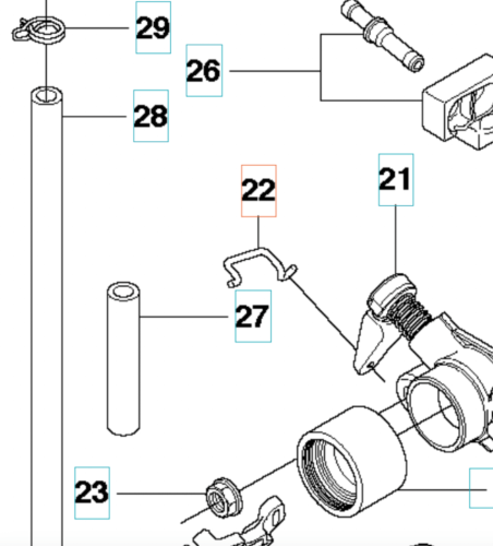 Łącznik wykaszarki 355RX Husqvarna w widoku z przodu, pokazujący kluczowe elementy konstrukcyjne, w tym metalowy uchwyt, cylindryczną rurę oraz mocowanie. Elementy jasno przedstawione na białym tle, z wyraźnymi numerami.