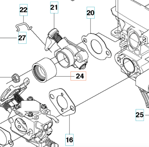 Łącznik - rura wykaszarki 555FX Husqvarna, widok frontalny, prezentujący element o cylindrycznym kształcie z gwintem zewnętrznym. Materiał metalowy w matowym wykończeniu. Widoczny też element mocujący. Tło jednolite, biały.