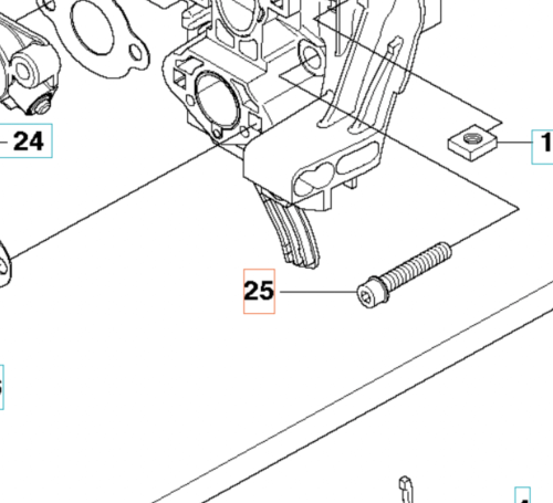 Śruba wykaszarki 355RX Huqvarna M5x30 10.9 ZnFe, metalowa, grubość 5 mm, gwint, sześciokątna główka, oznaczenie 25, leży na płaskiej powierzchni, faktura metalu, bez zdobień.