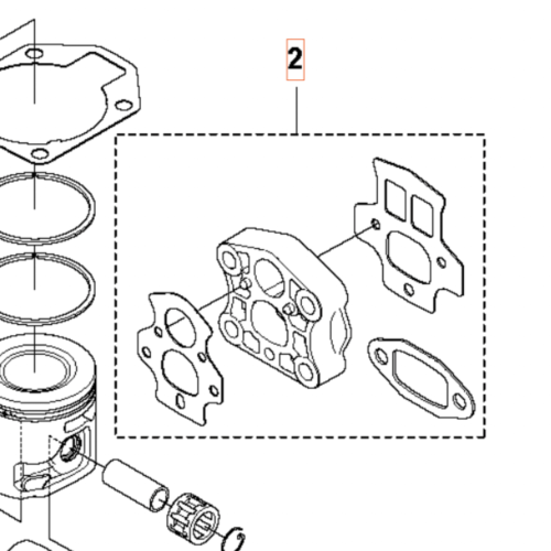 Zestaw uszczelek do wykaszarki 355RX Husqvarna obejmuje różne elementy budowy, w tym gniazdo cylindrów i uszczelki w formie prostokątnych różniczek. Widoczny detal zawiera prostokątne otwory na mocowania. Elementy są rozłożone na białym tle.