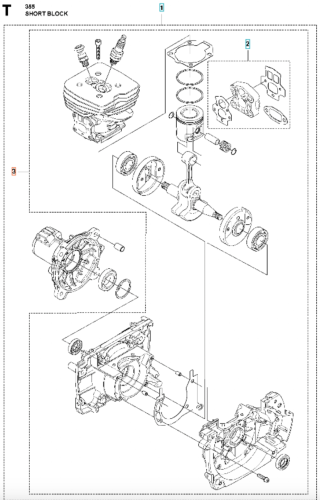 Blok krótki wykaszarki 555RXT Husqvarna, widok z góry, ukazujący elementy silnika: cylinder, tłok, wał korbowy oraz uszczelki. Elementy przedstawione są w formie schematu, na białym tle, z wyraźnym podziałem na detale i oznaczeniami.
