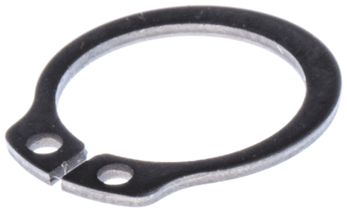 Pierścień sprężynujący wykaszarki 343R Husqvarna, wykonany z metalu, w kolorze czarnym. Ujęcie z boku, eksponujące okrągły kształt z dwoma widocznymi otworami montażowymi. Tło jednolite, co podkreśla detale produktu.