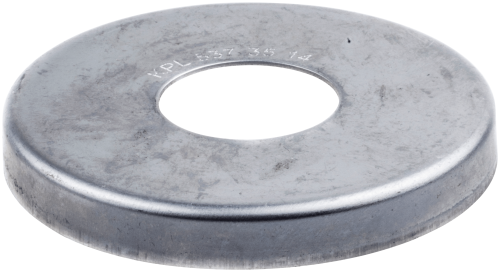 Osłona przekładni do wykaszarek Husqvarna 355RX/545RX, metalowa, o okrągłym kształcie z centralnym otworem. Widoczne oznaczenia na powierzchni. Uchwycona z boku, na jasnym tle, w pozycji leżącej, co ukazuje detale tekstury materiału.