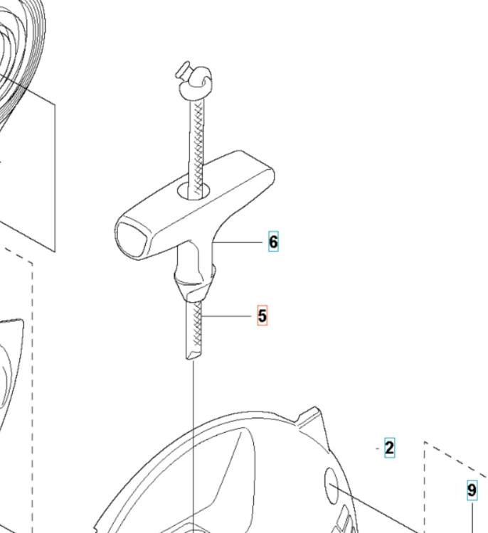 Czarna linka rozrusznika Husqvarna z gumową rączką T, widoczna z boku z detalami mocowania. W tle instrukcja montażu z numerami części i ilustracjami.