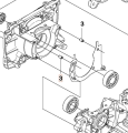 Tuleja wykaszarki 355RX Husqvarna w układzie technicznym, z wyraźnymi oznaczeniami. Elementy montażowe w kolorze metalicznym, z widocznymi otworami montażowymi. Szczegóły takie jak uszczelki i mocowania. Proste tło, skoncentrowane na elemencie.