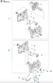 Tuleja wykaszarki 355RX Husqvarna, metalowa, cylindryczna, w kolorze szarym. Zbliżenie na detale mocowania oraz otwory, widoczny mechanizm, kształt prostokątny. Produkt przedstawiony w perspektywie frontalnej, na białym tle.