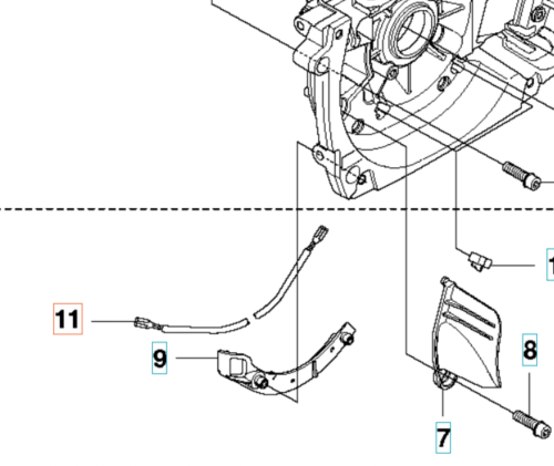 Przewód zwarciowy do wykaszarki Husqvarna 355RX, wykazujący metalowe mocowanie oraz elastyczny kabel. Zarys produktu widoczny z boku, w kontekście montażu w silniku. Elementy montażowe umieszczone obok w schemacie, na tle neutralnym.