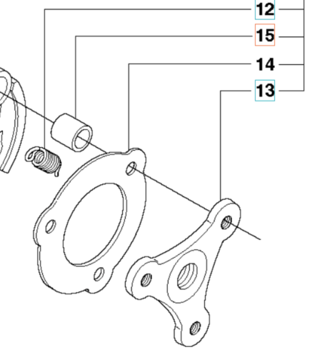 Tuleja łożyskowa do wykaszarki 555RXT Husqvarna z okrągłym otworem, stalowa, obok sprężyna i akcesoria montażowe, na białym tle.