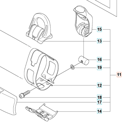 Pętla do wykaszarki Husqvarna 355RX z uchwytem, śrubą, przełącznikami i elementami montażowymi, pokazana rozłożona na białym tle dla łatwej identyfikacji detali i kolorów.