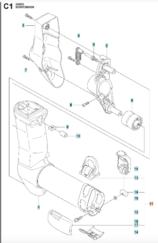 Szara pętla do wykaszarki Husqvarna 355RX z tworzywa sztucznego, widok zbliżony ukazujący elementy mocujące i otwory montażowe na białym tle.