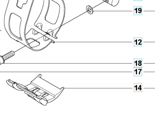 Schemat techniczny szyny do wykaszarki 355RX Husqvarna z widokiem na mocowanie. Elementy rozrysowane w sposób szczegółowy, ukazują ich strukturę i kształt. Widoczny śrubowy element mocujący oraz zapięcie. Tło białe.