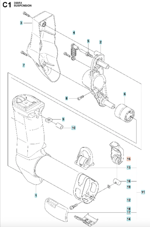 Dźwignia do wykaszarki 355RX Husqvarna w kolorze czarnym, z tworzywa sztucznego, o prostokątnym kształcie. Ujęcie frontalne, leżąca poziomo. Widoczny otwór montażowy oraz elementy mocujące. Tło białe, co podkreśla szczegóły produktu.