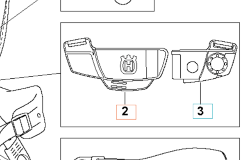Sprzączka do szelek wykaszarki Husqvarna 355RX, z białym logo i koroną. Widok z przodu pokazuje elementy mocujące, numerację 2 i 3 w pomarańczowym i niebieskim, wykonana z gładkiego plastiku.