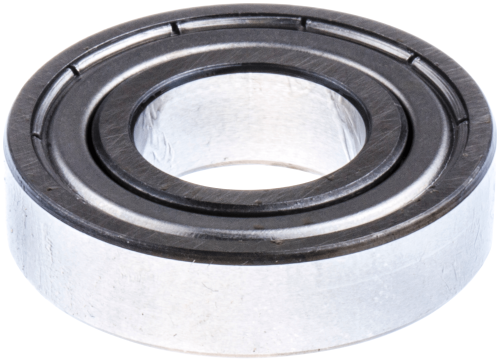 Łożysko kulkowe wykaszarki Husqvarna 345Fxt. Okrągły kształt z metalowym korpusem i czarnym uszczelnieniem. Ujęcie w zbliżeniu, ukazujące detale powierzchni oraz otwór w centrum. Produkt na białym tle, bez dodatkowych elementów.