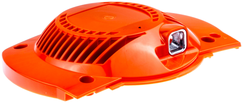 Pomarańczowa obudowa rozrusznika wykaszarki 345Fxt Husqvarna, zaokrąglona z żebrami wentylacyjnymi i metalowym detalem. Widok z góry ukazuje główną powierzchnię i miejsca mocowania.