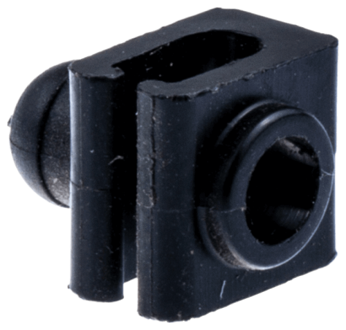 Czarny uchwyt przewodu do wykaszarki Husqvarna 345Fxt/343F, wykonany z tworzywa sztucznego. Zbliżenie na produkt ukazujące jego prostokątny kształt, okrągłe mocowanie oraz otwór do przewodu. Tło jednolite, co podkreśla detale produktu.