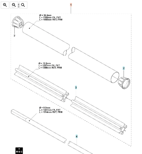 Rura wykaszarki Husqvarna 555RXT, metalowa, cylindryczna, długość 1354 mm lub 1486 mm. Zakończenie z gwintem, ujęcie z boku, na jednolitym tle. Widoczne elementy montażowe i oznaczenia wymiarów. Idealna do zastosowań ogrodniczych.