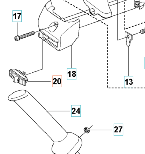 Wyłącznik do wykaszarki Husqvarna 355Fxt w pozycji leżącej, z widocznymi detalami montażowymi oraz elementami oznaczonymi numerami. Produkt wykonany z tworzywa sztucznego, o ergonomicznej formie, przystosowanej do intensywnego użytkowania.