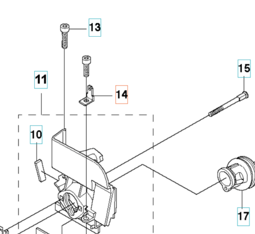 Fragment zestawu części do wtyku płaskiego wykaszarki 345Fxt Husqvarna, ukazujący metalowy element mocujący oraz śruby. Elementy mają szczegółowe oznaczenia i są widoczne na tle technicznym, co ułatwia identyfikację ich funkcji w urządzeniu.