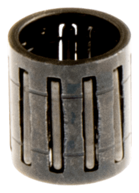 Łożysko igiełkowe dla wykaszarki 355RX Husqvarna w ciemnym kolorze, cylindryczny kształt z wycięciami na bokach. Widoczne otwory wewnętrzne zapewniające smarowanie. Prezentowane w zbliżeniu na białym tle, podkreślając detale konstrukcji.