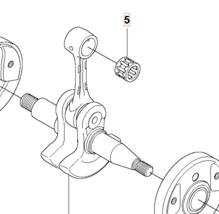 Łożysko igiełkowe do wykaszarki Husqvarna 355RX, w formie cylindrycznej, umieszczone na osi. Zestaw części przedstawiony w schemacie technicznym, z numeracją dla łatwej identyfikacji. Dominujące kolory: biały i czarny.