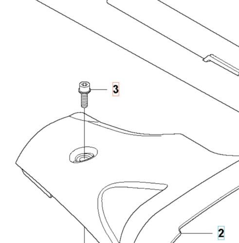 Śruba wykaszarki Husqvarna 355RX M5x12 10.9 ZnFe, metalowa, z gwintem i sześciokątnym łbem, umieszczona w otworze montażowym z boku osłony. Widok z boku, ukazujący detal i połączenie z elementem urządzenia.