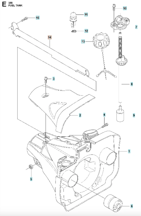Osłona instalacji elektrycznej wykaszarki 355Fx Husqvarna w kolorze czarnym, z matową fakturą. Widoczna od góry, z zamontowanym korkiem zbiornika paliwa w centralnym punkcie. Z boku widać cieńsze elementy mocujące. Tło białe.
