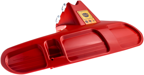 Czerwona osłona wykaszarki 355RX z tworzywa, widoczna z góry na płaskiej powierzchni, z oznaczeniami i otworami montażowymi, aerodynamiczna, przeznaczona do pracy w ogrodzie.