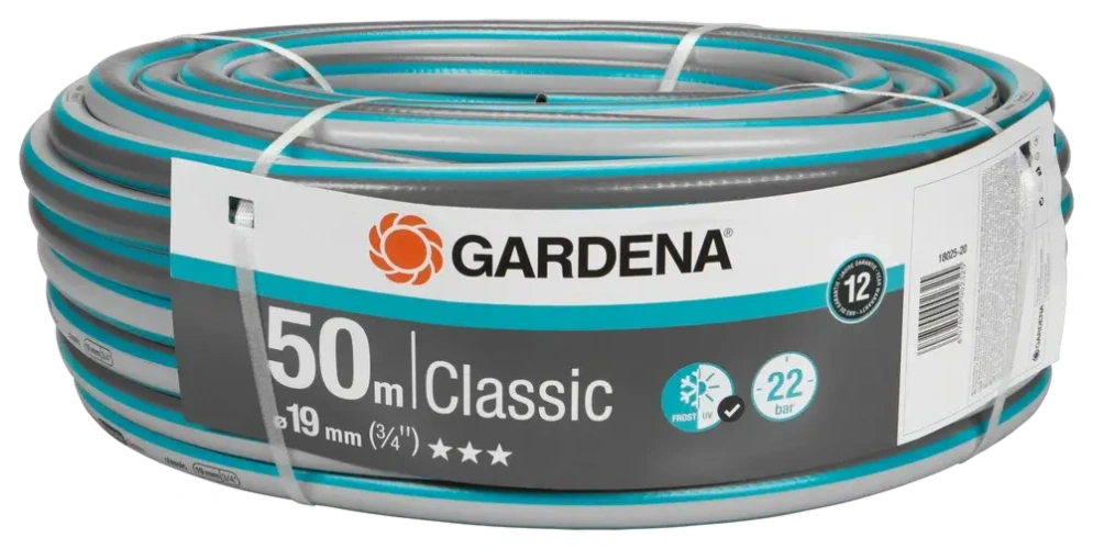 Wąż ogrodowy Gardena Classic 50 m, 19 mm, niebiesko-szary, zwijany z logo i info o ciśnieniu, na białym tle, do ogrodu.