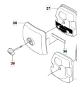 Pokrętło wykaszarki 345Fxt Husqvarna w kolorze czarnym, z okrągłym kształtem i gładką powierzchnią, widoczne w zbliżeniu. Produkt zmontowany, pokazujący mocowanie oraz otwory na śruby. Na elemencie brak napisów i logo. Tło proste, białe.