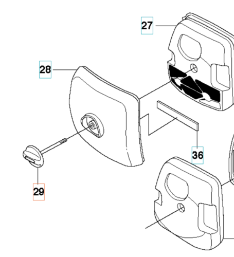 Pokrętło wykaszarki 345Fxt Husqvarna w kolorze czarnym, z okrągłym kształtem i gładką powierzchnią, widoczne w zbliżeniu. Produkt zmontowany, pokazujący mocowanie oraz otwory na śruby. Na elemencie brak napisów i logo. Tło proste, białe.