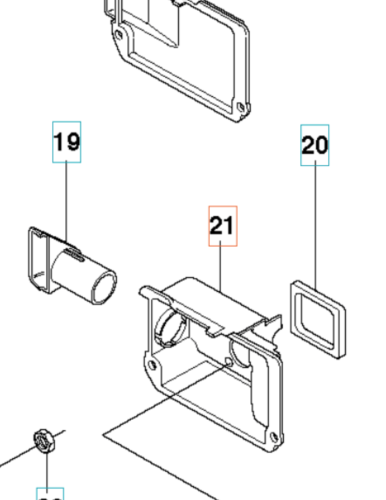 Tłumik wykaszarki Husqvarna 345FXT, części zestawu: zewnętrzna obudowa z okrągłymi otworami, kolor szary, surowy materiał, w układzie rozmontowanym, z widocznymi mocowaniami, w zestawie z zaślepką.
