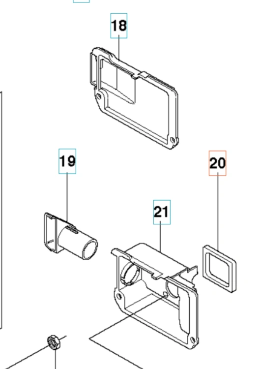 Uszczelniacz do wykaszarki 345FXT Husqvarna, złożony z kilku elementów, w tym prostokątnej obudowy oraz rurki. Produkt ukazany w perspektywie z góry, z wyraźnymi detalami mocowań. Kolor: czarny. Idealny do zabezpieczania mechanizmów.