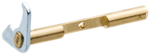 Zespół wału gaźnika wykaszarki Husqvarna 345Fxt, metalowy element, z główną częścią w złotym kolorze i srebrnym zakończeniem. Ujęcie z boku. Widoczny otwór montażowy, prosta konstrukcja, dużą odporność na korozję. Tło jednolite.