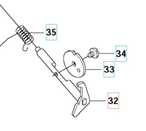 Wał gaźnika do wykaszarki Husqvarna 345Fxt, metalowy, z boku, z sprężyną, bolcem i dyskiem mocującym. Oznaczone części, białe tło ułatwia identyfikację.