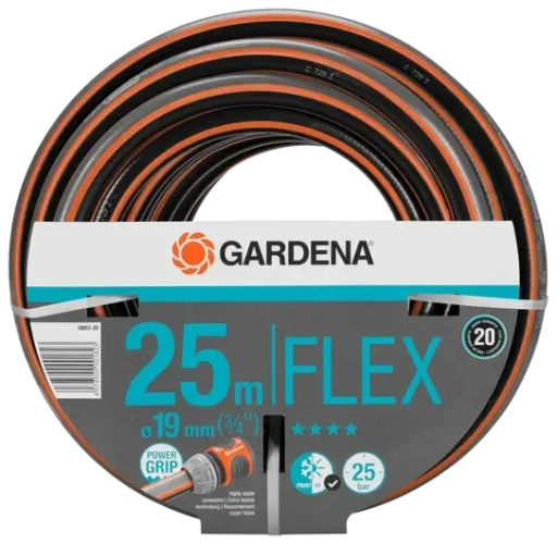 Wąż ogrodowy Gardena Comfort Flex o długości 25 m i średnicy 19 mm, z widocznym logo. Ujęcie frontalne, wąż zwinięty na rolce, czarne i pomarańczowe detale. Widoczna etykieta z informacjami oraz oznaczeniem POWER GRIP i 25 bar.
