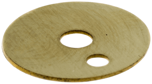 Zawór gaźnika do wykaszarki Husqvarna 345Fxt, metalowy, okrągły, w odcieniu złotym. Widoczne dwa otwory o różnej wielkości. Produkt leży na płaskiej powierzchni, ukazany z boku, co podkreśla jego kształt i detale konstrukcyjne.