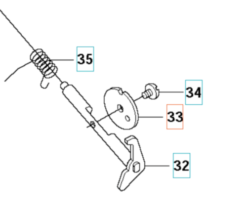 Zawór gaźnika do wykaszarki Husqvarna 345Fxt z metalowym ramieniem, sprężyną (35), metalową płytką (32) i śrubą (34), szczegółowo pokazany na białym tle.