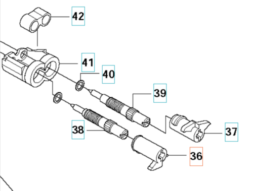 Zestaw części zamiennych do wykaszarki Husqvarna: nakrętka (36), uszczelki (40,41,42) i cylindry (38,39) ułożone poziomo na białym tle, z widocznymi detalami i mocowaniami.
