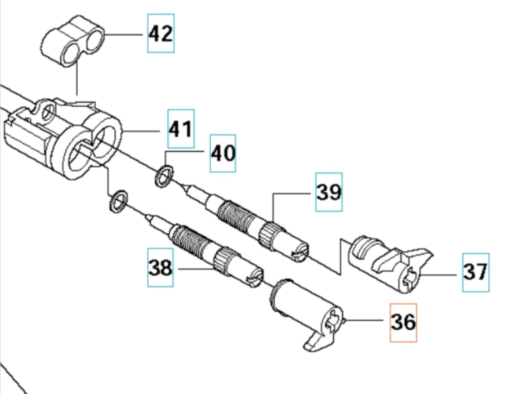 Zestaw części zamiennych do wykaszarki Husqvarna: nakrętka (36), uszczelki (40,41,42) i cylindry (38,39) ułożone poziomo na białym tle, z widocznymi detalami i mocowaniami.