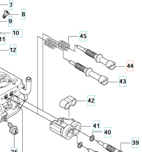 Metalowa śruba IDLE MIXTURE do wykaszarki Husqvarna 345Fxt, z okrągłą główką i gwintem, obok sprężyn i wtryskiwaczy, na białym tle z numerami katalogowymi.